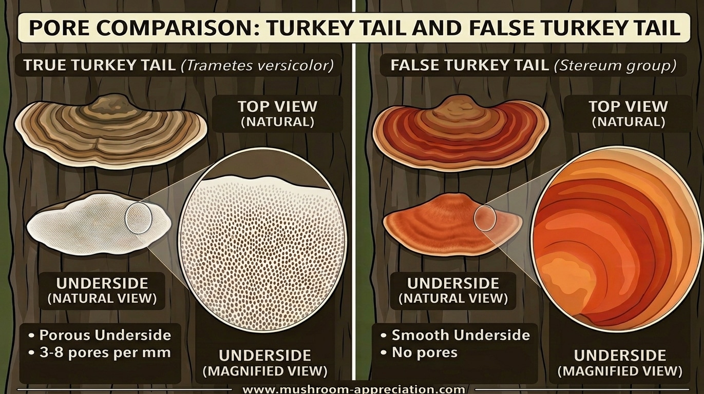 true turkey tail has tiny white pores